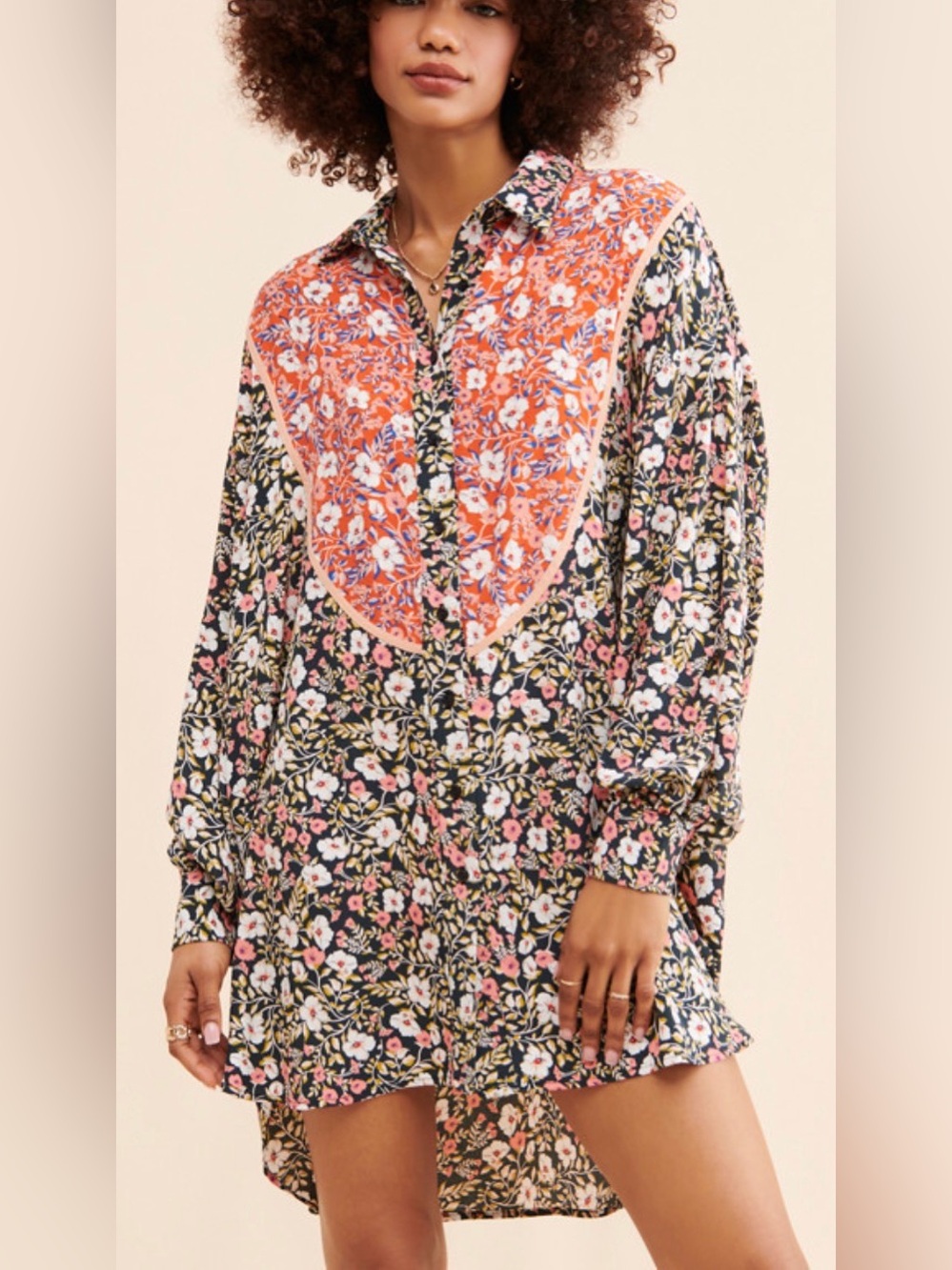 Glamorous Floral Long-Sleeve Mini Hi-Low Dress with Coral Yoke- Oversized